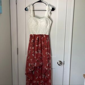 AUW Floral High-Low Dress in Cream and Rust